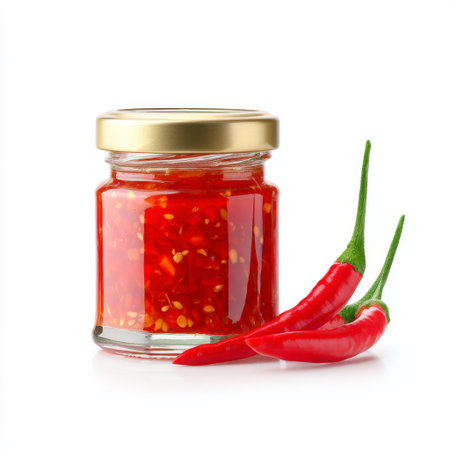 Bright and appetizing spicy red chili sauce presented in a glass jar, accompanied by fresh red chilies against a clean white backdrop. Ideal for culinary use.の素材