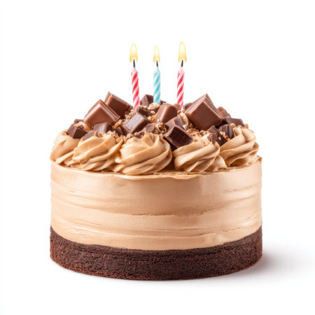 Indulge in this delightful chocolate birthday cake topped with creamy frosting and decorative chocolates, complete with three colorful lit candles for a festive celebration.の素材