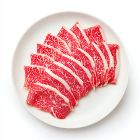 This image features beautifully arranged freshly sliced premium beef with exquisite marbling on a white plate, ideal for showcasing culinary artistry.の素材
