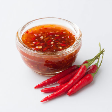 A vibrant homemade spicy chili sauce displayed in a glass jar, accompanied by fresh red chili peppers. Perfect for enhancing dishes and adding flavor.の素材