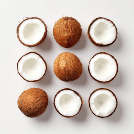A visually appealing arrangement of assorted fresh coconut halves with brown shells and white flesh, showcasing natural textures and vibrant colors.の素材