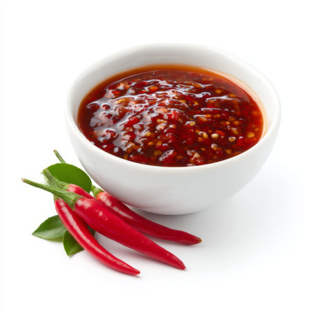 Experience the vibrant flavor of spicy red chili sauce served in a white bowl, accompanied by fresh red chilies and garnished with green leaves. Perfect for enhancing dishes.の素材