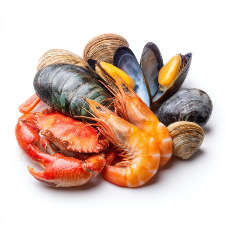 A vibrant arrangement of fresh seafood featuring shrimp, crab, mussels, and clams on a clean white background, ideal for culinary use and food photography.の素材