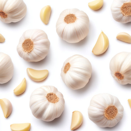 A visually appealing arrangement of fresh garlic bulbs and cloves on a white background, showcasing its natural beauty and culinary versatility for cooking enthusiasts.の素材