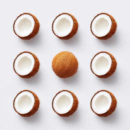 A visually appealing arrangement featuring coconut halves and a whole coconut on a white backdrop showcases the natural beauty and texture of this tropical fruit.の素材