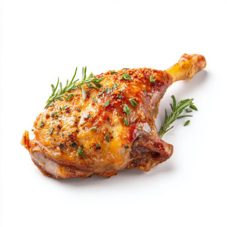 A delectable roasted chicken leg garnished with fresh herbs on a clean white background, perfect for showcasing culinary delights and recipes.の素材