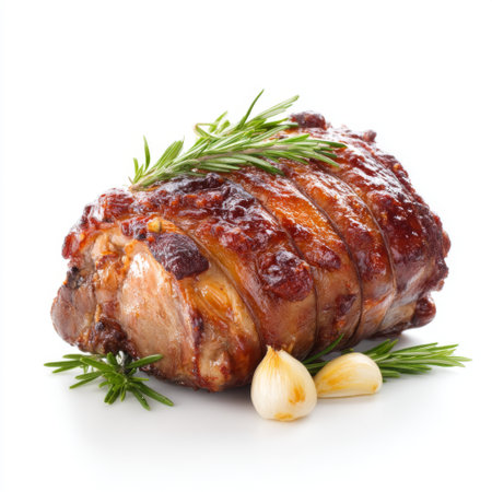 A delectable roast meat garnished with fresh garlic and herbs, perfect for culinary presentations. Ideal for recipes, meal planning, and food photography.の素材