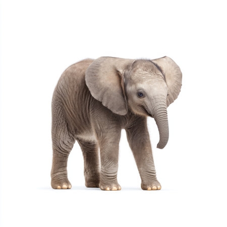This charming image features a baby elephant standing gracefully against a clean white background, showcasing its adorable features and playful personality.の素材