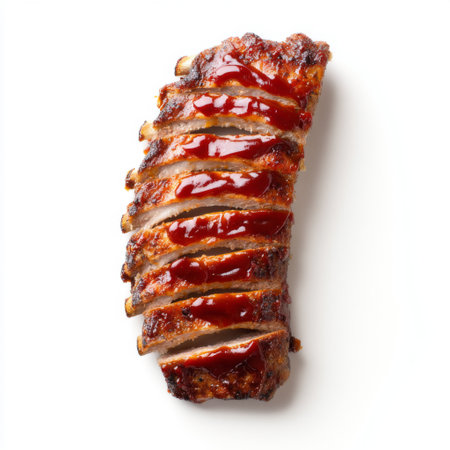A tempting barbecue meat dish featuring perfectly glazed ribs, sliced and drizzled with savory sauce, ideal for showcasing culinary delights at any meal.の素材