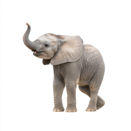 A delightful young elephant showcases its playful spirit with a raised trunk and joyful expression. This charming animal embodies innocence in nature.の素材