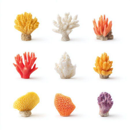 Captivating series of colorful coral species showcasing the diversity of marine life, perfect for educational materials and artistic projects.の素材
