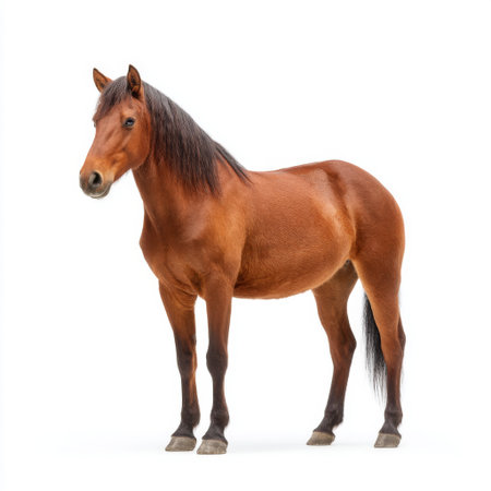 A majestic brown horse stands confidently against a pure white background, showcasing its beautiful mane and strong build. This captivating portrait highlights the horse's grace and elegance, making it perfect for animal photography enthusiasts and publications.の素材