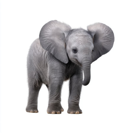 This image showcases an adorable baby elephant standing in a cute pose, featuring floppy ears and a gentle expression that evokes warmth and affection.の素材