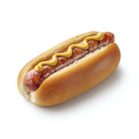 A classic hot dog featuring a juicy sausage topped with yellow mustard, served in a soft bun, ideal for summer gatherings and outdoor events.の素材