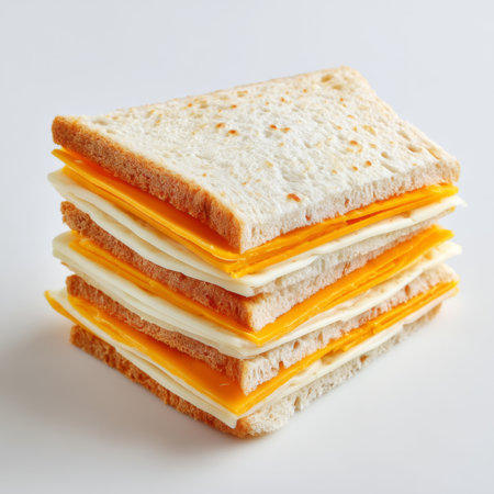 A visually appealing stack of cheese sandwiches featuring layers of creamy cheese between slices of bread. Perfect for lunches or snacks, this image highlights the simplicity and deliciousness of a classic favorite.の素材