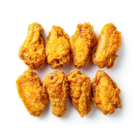 A mouthwatering arrangement of golden crispy chicken wings, showcasing a perfect fry with enticing flavors, ideal for meals and gatherings.の素材