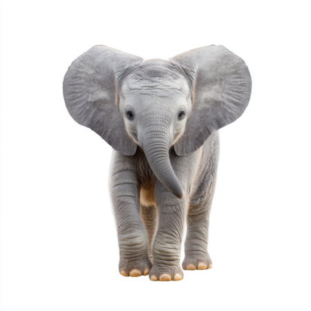 An endearing young elephant walks toward the camera, highlighting its soft features and playful spirit against a clean, white background. This image captures the essence of wildlife innocence and curiosity.の素材