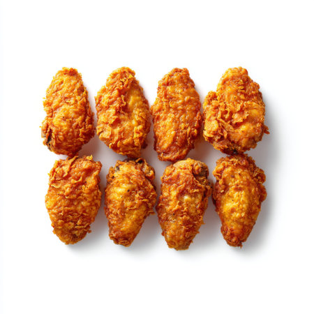 A close-up view of beautifully fried golden chicken wings, showcasing the crispy texture and delicious flavor, perfect for food enthusiasts and chefs.の素材
