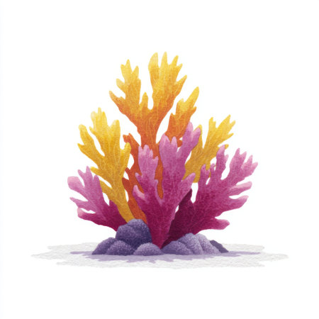 This vibrant illustration of a colorful coral reef showcases exotic marine plants. Perfect for underwater-themed artwork or as a decorative element in various design projects.の素材