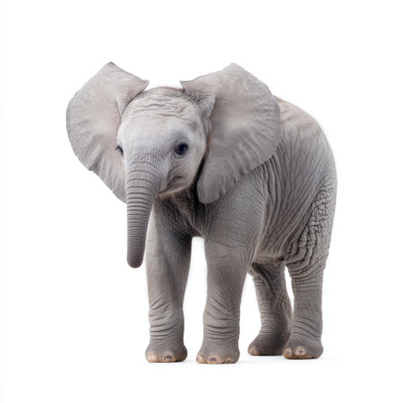 This charming image captures a baby elephant standing with its large ears and gentle eyes, showcasing the innocence and joy of wildlife in nature.の素材