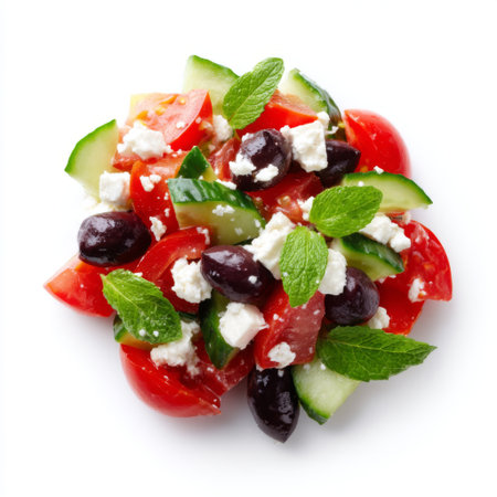 This image showcases a vibrant Mediterranean salad composed of fresh tomatoes, crisp cucumbers, fragrant mint leaves, juicy olives, and creamy feta cheese.の素材