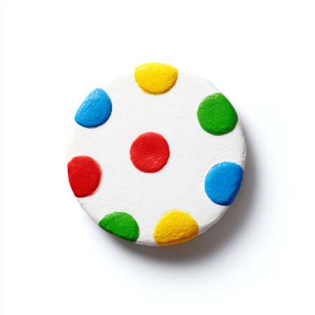 A vibrant round toy featuring bright dots in red, blue, green, and yellow on a white background, perfect for engaging children's creativity and playtime activities.の素材