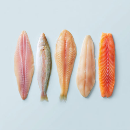 A collection of fresh fish fillets arranged in a visually appealing manner on a light blue background, perfect for food photography and culinary inspiration.の素材