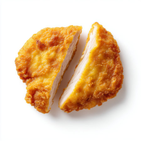 A freshly cooked crispy fried chicken breast cut into two halves, showcasing its juicy and tender interior. Perfect for meals, snacks, or recipes.の素材
