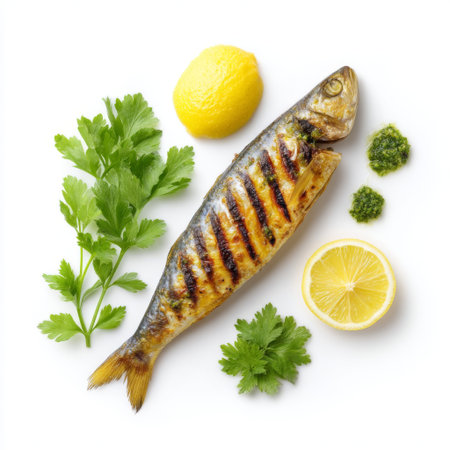A vibrant composition featuring grilled fish alongside fresh lemon slices and herbs, perfect for culinary presentations and delicious meal ideas.の素材