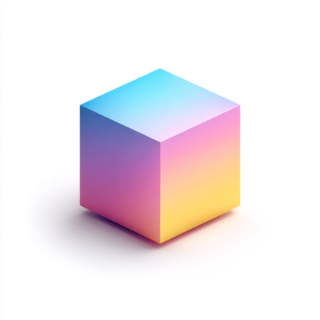 A vibrant gradient cube rests against a clean white background, embodying modern design and minimalism perfect for creative projects or digital applications.の素材