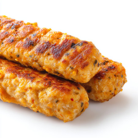 A close-up view of perfectly grilled sausages showcasing a golden brown crust, perfect for culinary use, food photography, and recipe inspiration.の素材