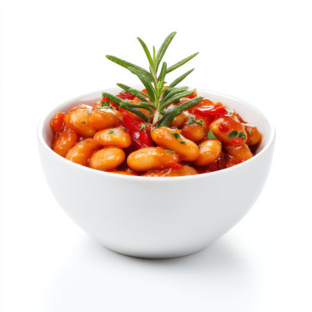 A delightful serving of white beans in rich tomato sauce, beautifully garnished with fresh rosemary, perfect for healthy meals or side dishes.の素材