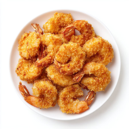 A beautiful arrangement of crispy golden fried shrimp on a white plate, perfect for serving as a delicious appetizer or snack at any gathering.の素材
