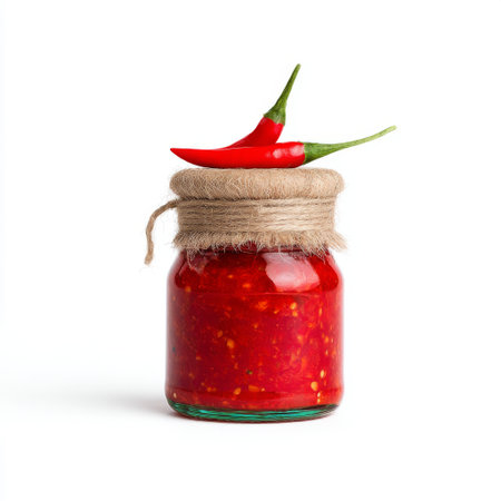 A vibrant glass jar filled with fresh red chili sauce topped with whole chili peppers, perfect for culinary creations or as a spicy condiment for any dish.の素材