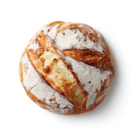 A beautifully crafted round artisan bread loaf featuring a golden crust and a light flour dusting. Perfect for culinary displays or delicious meals.の素材