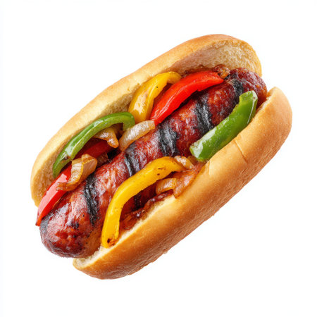 A delicious grilled sausage served in a soft bun, garnished with vibrant peppers and onions, perfect for summer gatherings and barbecue events.の素材