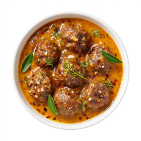 A delectable presentation of meatballs simmered in savory sauce, garnished with fresh herbs, perfect for sharing or serving at any gathering.の素材