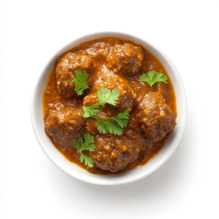 A bowl of delicious meatballs simmered in a rich tomato sauce, topped with fresh cilantro, perfect for any meal or culinary project.の素材