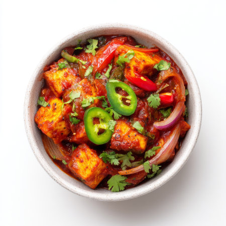 A vibrant and spicy paneer dish featuring fresh vegetables and herbs served in a decorative bowl. Perfect for any meal occasion.の素材