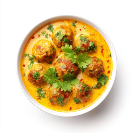 A vibrant vegan curry dish featuring round flavorful balls in a rich, spicy sauce garnished with fresh herbs. Perfect for a healthy meal.の素材