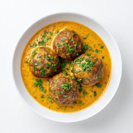 This image showcases delicious homemade meatballs served in a rich, spicy sauce and garnished with fresh cilantro on a clean white plate, perfect for meal inspiration.の素材