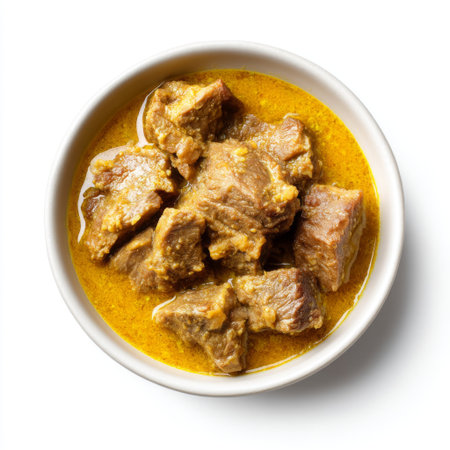 Indulge in a mouthwatering beef stew served in a white bowl, featuring tender meat in a rich golden gravy, perfect for family meals.の素材