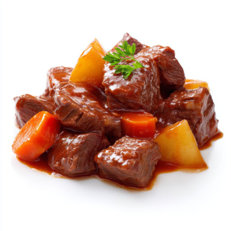 This inviting beef stew features tender meat and vibrant vegetables simmered in a rich gravy, perfect for comfort food lovers. Ideal for sharing.の素材