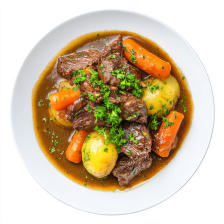 A delicious bowl of hearty beef stew featuring tender meat and vibrant vegetables, perfect for a comforting meal. Ideal for family dinners or gatherings.の素材