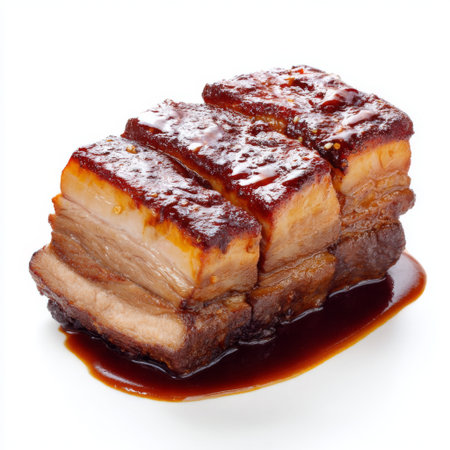 A beautifully presented slice of juicy meat with a glossy glaze and crispy skin, served on a white plate. Perfect for gourmet food lovers.の素材