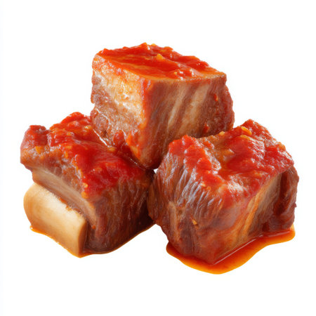 Succulent beef chunks simmered in a rich tomato sauce create a mouthwatering dish perfect for any culinary enthusiast. Ideal for recipes and meal prep.の素材