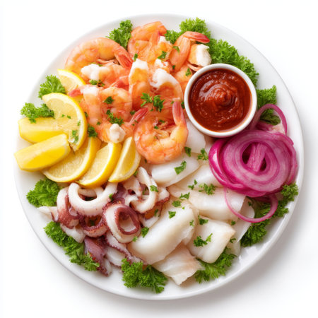This vibrant seafood platter features fresh shrimp, tender calamari, fish fillet, zesty lemon wedges, pickled red onions, and savory cocktail sauce. Perfect for gatherings!の素材