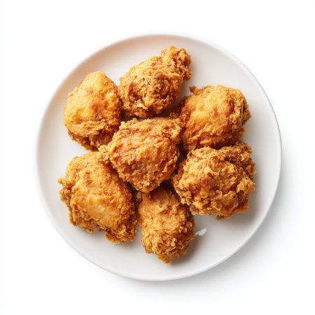 A plate of crispy golden fried chicken pieces showcases the perfect texture and flavor, ideal for meals, gatherings, or a delicious snack.の素材