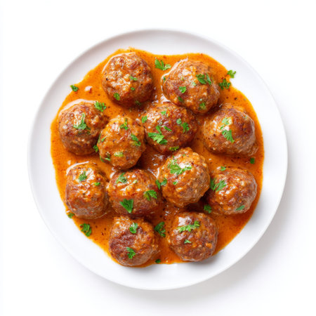 A tempting plate of homemade meatballs smothered in rich tomato sauce, garnished with fresh parsley, perfect for any mealtime occasion.の素材