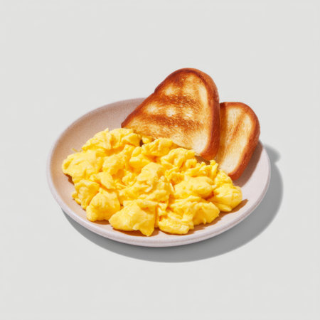 A delicious serving of creamy scrambled eggs beside golden toasted bread on a light gray plate, perfect for a hearty breakfast or brunch occasion.の素材